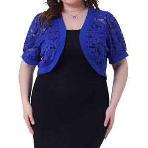 Plus Size Short Sleeve Floral Lace Bolero Cardigan Royal Blue